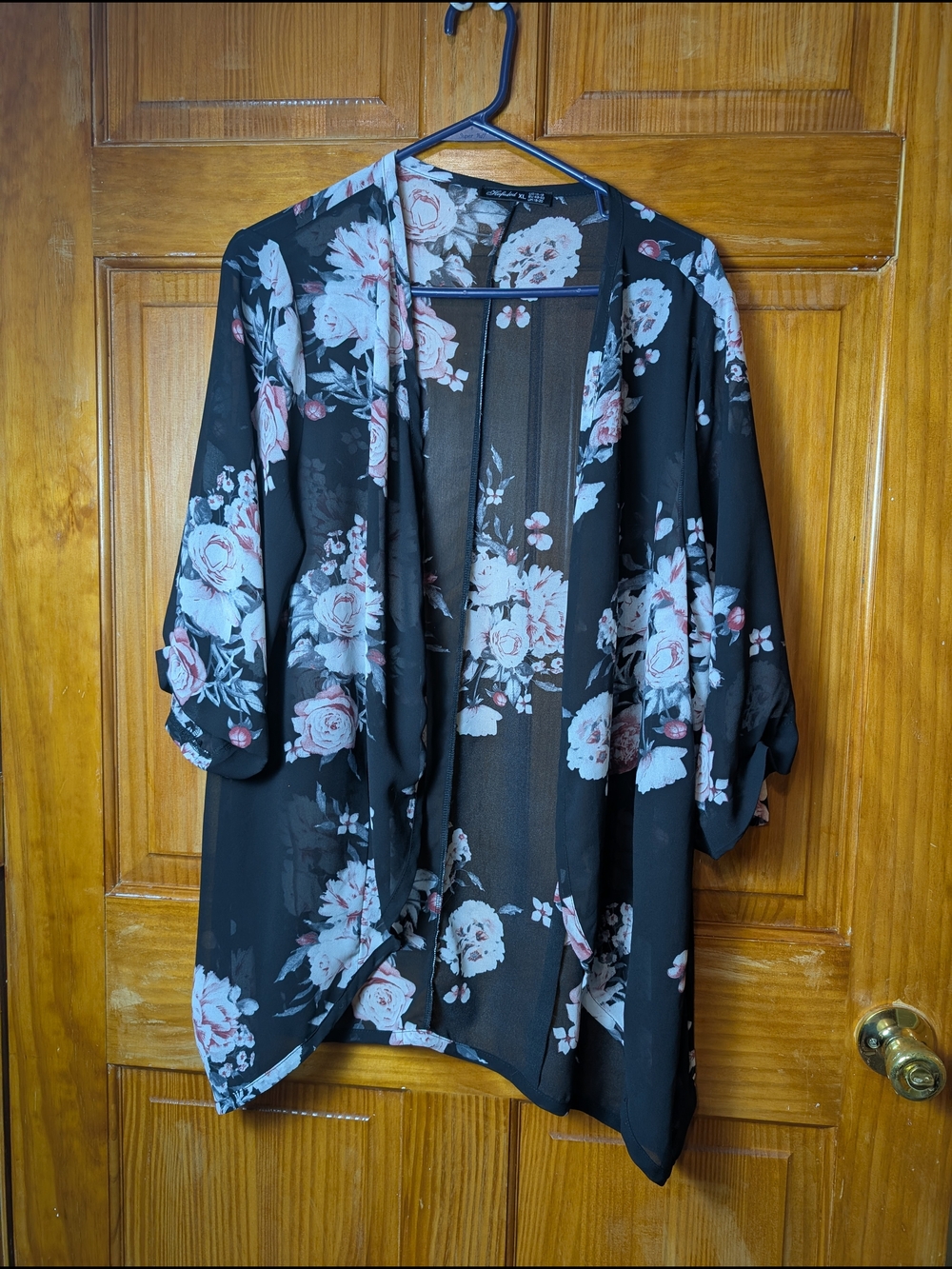 Floral Sheer Kimono Robe - Black with Pink Roses